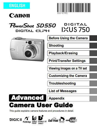 PowerShot SD550 Digital Elph Advanced Manual